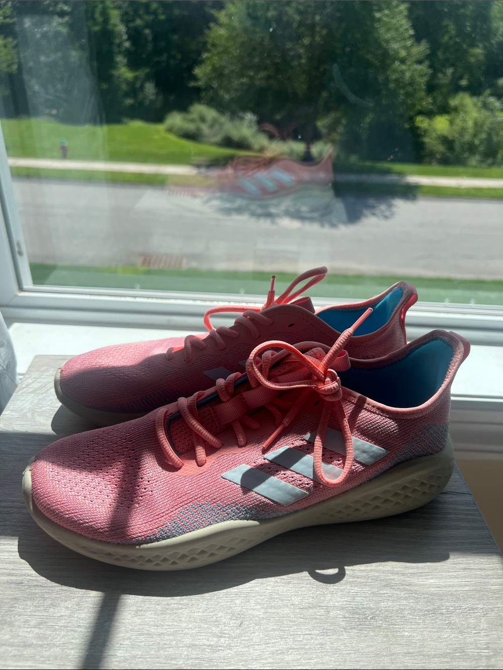 adidas Women's Coral-Pink Running Sneakers with White Stripes